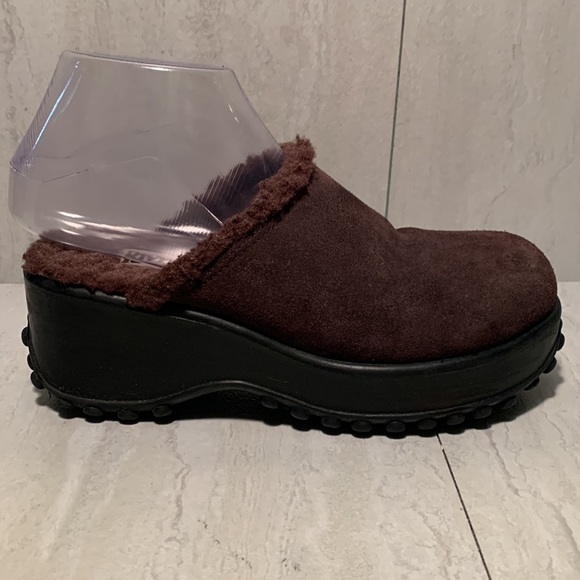 Riverstone Brown Leather Upper Brown Fur Lining Flat Platform Mule Clogs Size 6B - Picture 7 of 12